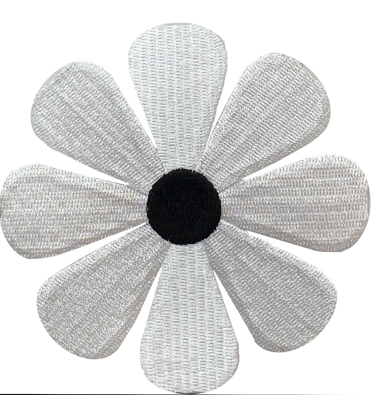 4" White Daisy, Black Center, Flower, Embroidered, Iron on Patch